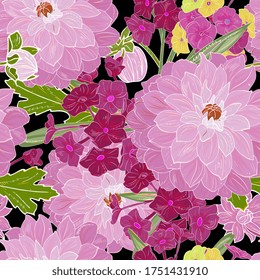 Peonies and phlox seamless floral pattern. Elegant summer background with flowers. Design for fabric, packaging. Wallpaper, invitations.