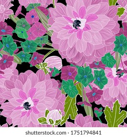 Peonies and phlox seamless floral pattern. Elegant summer background with flowers. Design for fabric, packaging. Wallpaper, invitations.