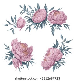 Peonies Pink Watercolor Flower Arrangement Collection.