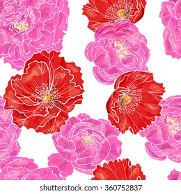 Peonies and poppies on a white background.Vector seamless pattern