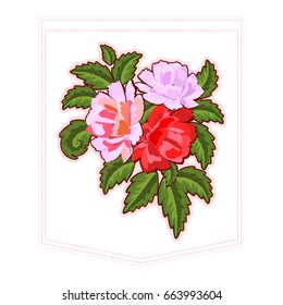 Peonies or red roses embroidery for clothing pocket. Floral Embroidered Pattern for Fabric on white background. Red Flowers. Vector illustration