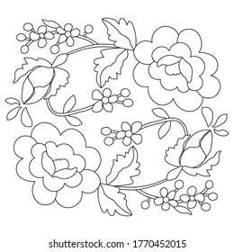 Peonies, rose, forget-me-nots, hand-drawn black line on white background, coloring for children, print for coloring book, use for coloring with watercolors, gouache, markers or pencils