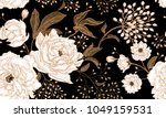 Peonies and roses. Floral vintage seamless pattern. Gold and white flowers, leaves, branches and berries on black background. Oriental style. Vector illustration art. For design textiles, paper.