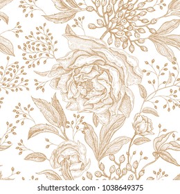 Peonies and roses. Floral vintage seamless pattern. Gold flowers, leaves, branches and berries on white background. Oriental style. Vector illustration art. For design textiles, paper, wallpaper.