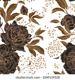 Peonies and roses. Floral vintage seamless pattern. Gold and black flowers, leaves, branches and berries on white background. Oriental style. Vector illustration art. For design textiles, paper.