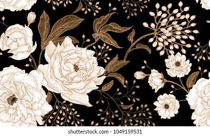Peonies and roses. Floral vintage seamless pattern. Gold and white flowers, leaves, branches and berries on black background. Oriental style. Vector illustration art. For design textiles, paper.