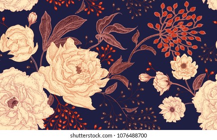 Peonies and roses. Floral vintage seamless pattern. Gold and white flowers, leaves, branches and red berries on navy blue background. Oriental style. Vector illustration art for textiles, paper design