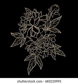 Peonies or roses flowers. Hand drawn vintage vector outline Illustration. Element for design. Graphic sketch for tattoo, poster, clothes, t-shirt design, pins, badges, stickers and coloring book