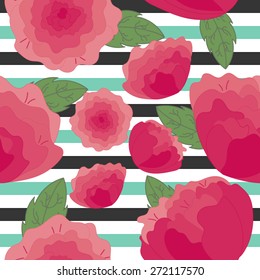 Peonies, roses and stripes seamless vector pattern for surface, textile, stationary design, wallpaper, wrapping paper, background, texture, invitation, greeting, wedding card, brand identity