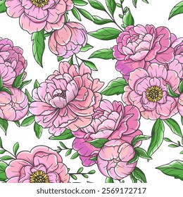 Peonies seamless background illustration. Peony seamless pattern. Floral background with pink peonies. Spring Botanical Background for wallpapers, wall arts. wedding, wrapping paper, greeting cards