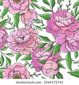 Peonies seamless background illustration. Peony seamless pattern. Floral background with pink peonies. Spring Botanical Background for wallpapers, wall arts. wedding, wrapping paper, greeting cards