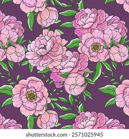 Peonies seamless background illustration. Peony seamless pattern. Floral background with pink peonies. Spring Botanical Background for wallpapers, wall arts. wedding, wrapping paper, greeting cards