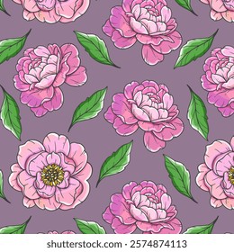 Peonies seamless background illustration. Peony seamless pattern. Floral background with pink peonies. Spring Botanical Background for wallpapers, wall arts. wedding, wrapping paper, greeting cards