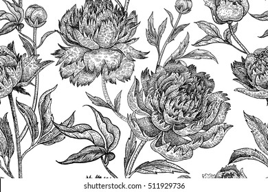 Peonies seamless floral pattern. Hand drawing art. Black and white vector illustration. Flowers oriental style. Vintage background. Template for creating fabric, paper, textiles, curtains, wrapping.