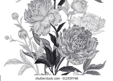 Tonos florales sin fisuras. Dibujo manual. Ilustración vectorial en blanco y negro. Flores de estilo oriental. Fondo vintage. Plantilla para la creación de tejidos, papel, textiles, cortinas, envoltura.