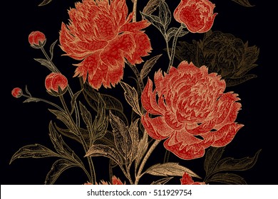 Tonos florales sin fisuras. Dibujo manual. Dibujo vectorial negro, dorado y rojo. De estilo oriental.Flores antiguas. Para la creación de tejidos, papel, tejidos, papel pintado, cortinas, envolturas