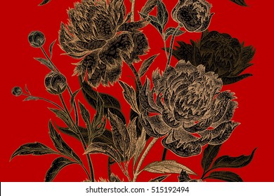 Peonies seamless floral pattern. Hand drawing art. Black, gold, red vector illustration. Oriental style vintage flowers. For creating fabric, paper, textiles, wallpaper, curtains, wrapping, phone case