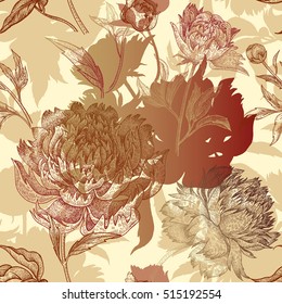 Peonies seamless floral pattern. Hand drawing art. Black, gold, red vector illustration. Oriental style vintage flowers. For creating fabric, paper, textiles, wallpaper, curtains, wrapping, phone case