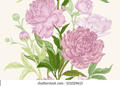 Peonies seamless floral pattern. Hand drawing art. White, pink, green vector illustration. Oriental style vintage flowers. Fabric, paper, textiles, wallpaper, curtains, wrapping, phone case