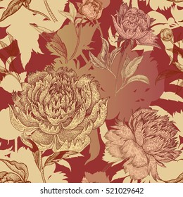Peonies seamless floral pattern. Hand drawing art. Black, gold, red vector illustration. Oriental style vintage flowers. For creating fabric, paper, textiles, wallpaper, curtains, wrapping, phone case