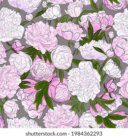 peonies seamless pattern. Elegant pink flowers, delicate floral background