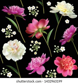 Peonies. Seamless pattern. Flowers. Floral background. Leaves. Petals. Pink. Red. White. Dark backdrop. Color. Bright.