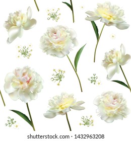 Peonies. Seamless pattern. Flowers. Floral background. Leaves. White.