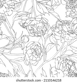 Peonies seamless pattern ink flowers modern minimalism line art sketch floral elegant design