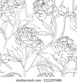 Peonies seamless pattern ink flowers modern minimalism line art sketch floral elegant design