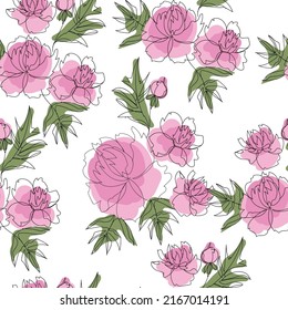 Peonies seamless pattern isolated on white background.
 Hand drawn peonies flowers, buds and leaves for background, texture, wrapper pattern, invitation or textile