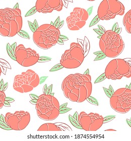 Peonies seamless pattern on white background. Vector illustration.