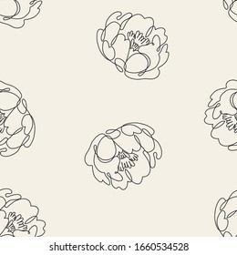 Peonies seamless pattern. One line style hand drawn texture. Monochrome minimal background