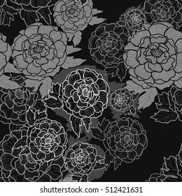 Peonies seamless pattern. Peony black and white background. Vector illustration. Surface pattern design. All over printing.