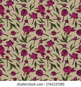 Peonies. Seamless pattern of peony colors. Design for fabric, textile, packaging.