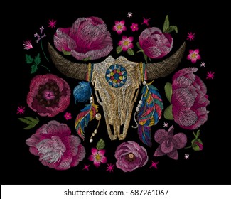 Peonies and skull of a cow with feathers. Traditional folk stylish stylish embroidery on the black background. Sketch for printing on fabric, clothing, bag, accessories and design. Vector, trend