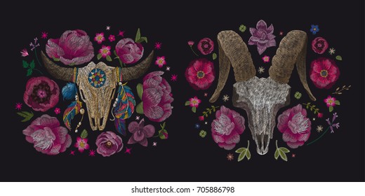 Peonies and skull of a cow with feathers. Traditional folk stylish stylish embroidery on the black background. Sketch for printing on fabric, clothing, bag, accessories and design. Vector, trend