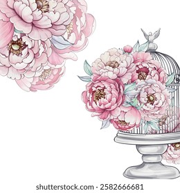 Peonies in soft pink hues fill a vintage birdcage, evoking a sense of whimsy and natures beauty with delicate watercolor strokes template, background