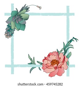 peonies and succulent card on square frame painted pale blue stripes background square frame for text