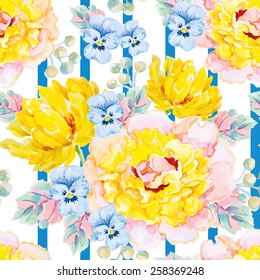 Peonies, tulips and pansies on the striped background. Watercolor seamless pattern with spring flowers. 