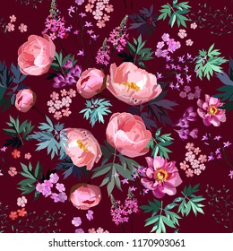 peonies and various flowers, seamless pattern for wallpaper, fabrics and various designs