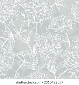 Peonies Vector Floral Seamless Pattern. Vintage Flower Monochrome Gray Background with Hand Drawn Sketch Peony Flowers and Leaves.