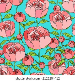 Peonies, vector illustration, seamless pattern