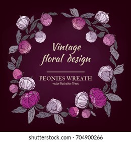 Peonies vector round frame. Pink, burgundy red and violet flowers wreath. Vector design card. Botanical style frame with floral plant botany element on dark chalkboard background.