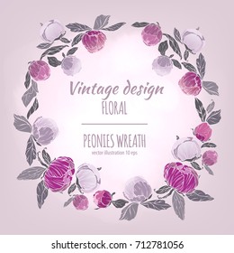 Peonies vector round frame. Pink, burgundy red and violet flowers wreath. Vector design card. Botanical style frame with floral plant botany element on light background.