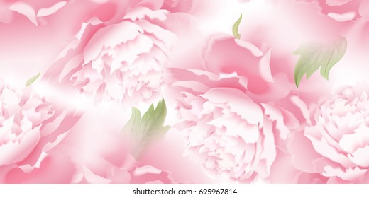 Peonies. Vector seamless pattern. Garden flower hand drawing pastel. Realistic floral illustration - design template luxury packing, textiles, paper. Pink flowers and green leaves on white background.