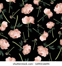 Peonies vector seamless pattern. Hand drawn flowers on black background. Floral Wrapping paper design template.