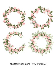 Peonies wreath set. Round frame, cute pink flowers and leaves. Festive decorations for wedding, holiday, postcard, poster and design. Vector flat illustration