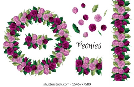 Peonies.Festive Wreath of bright wedding pink flowers. Seamless pattern brush. Valentine's day. Set of isolated elements on a white background. 