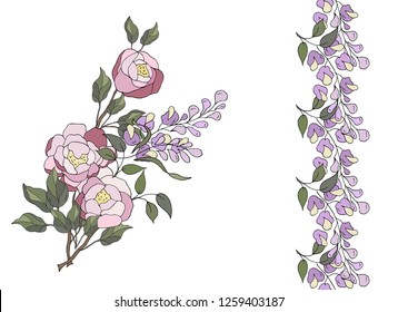 Peonies.Wisteria. Seamless border. tape. Vector illustration.