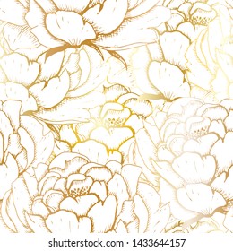 Peony backdrop. Hand drawn seamless pattern with sketch style golden flowers peony. Golden on white, vector background.